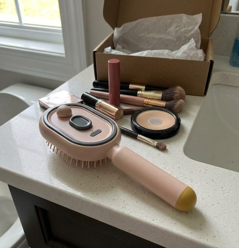 Customer photo: pink brush unboxed on bathroom counter
