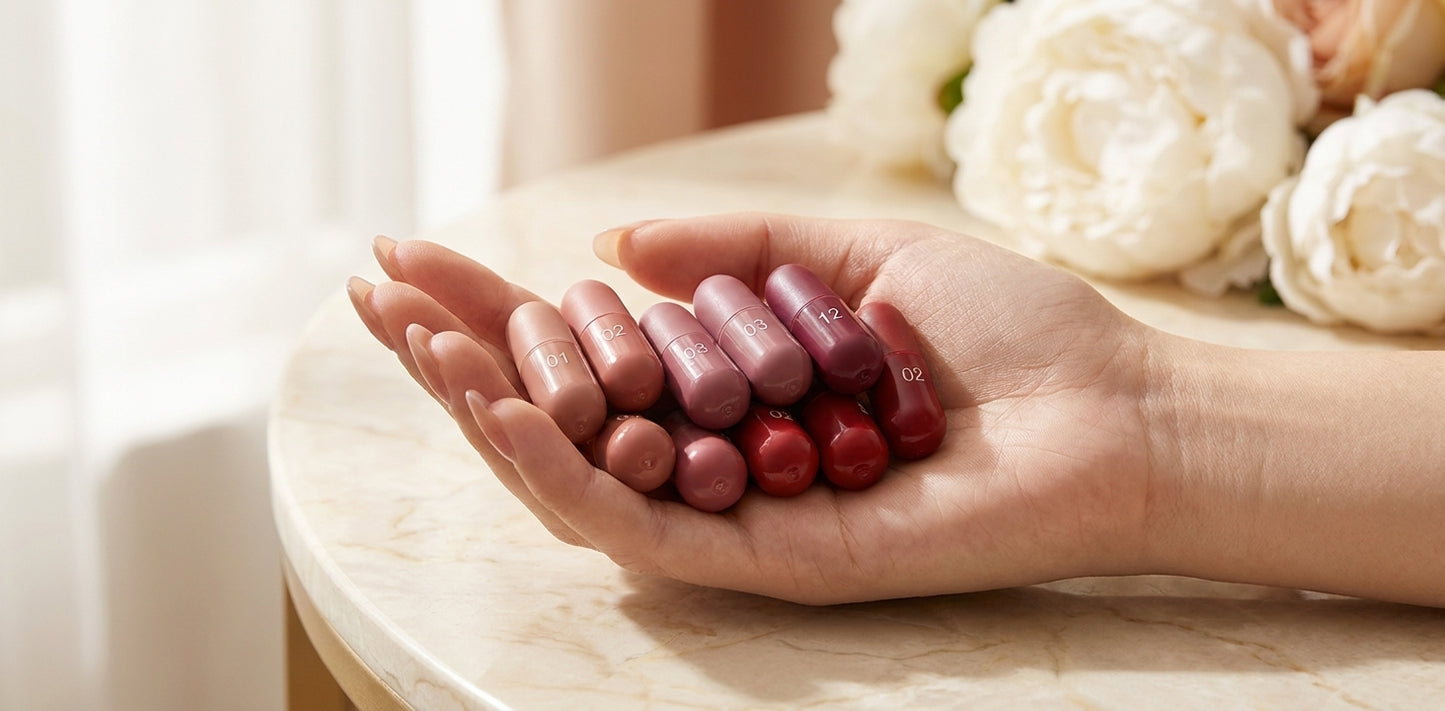 Hand holding mini lipstick capsules