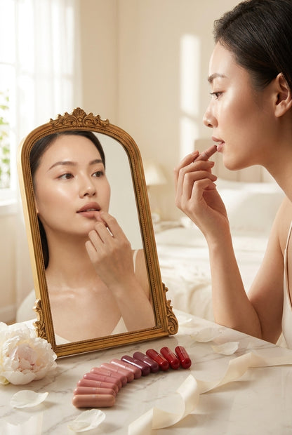 Woman applying VelvetKiss lipstick at mirror