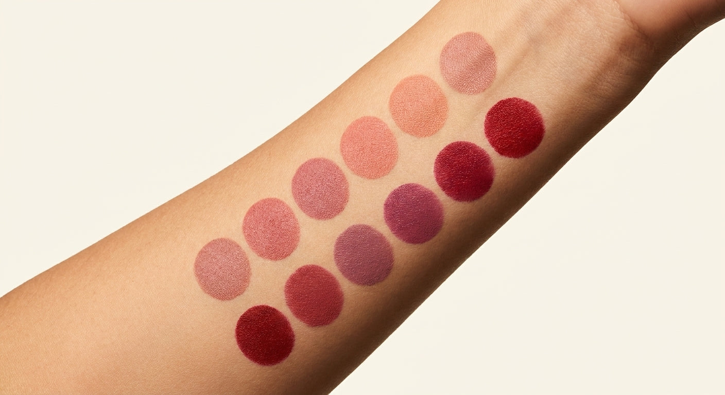 12 lipstick shades swatched on arm