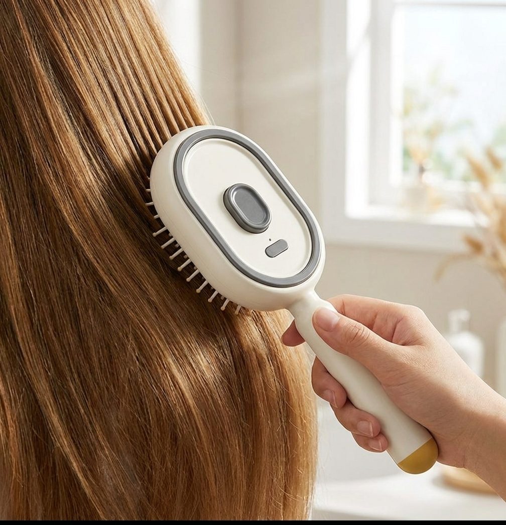Woman using the Vionns brush on her hair in a bright bathroom